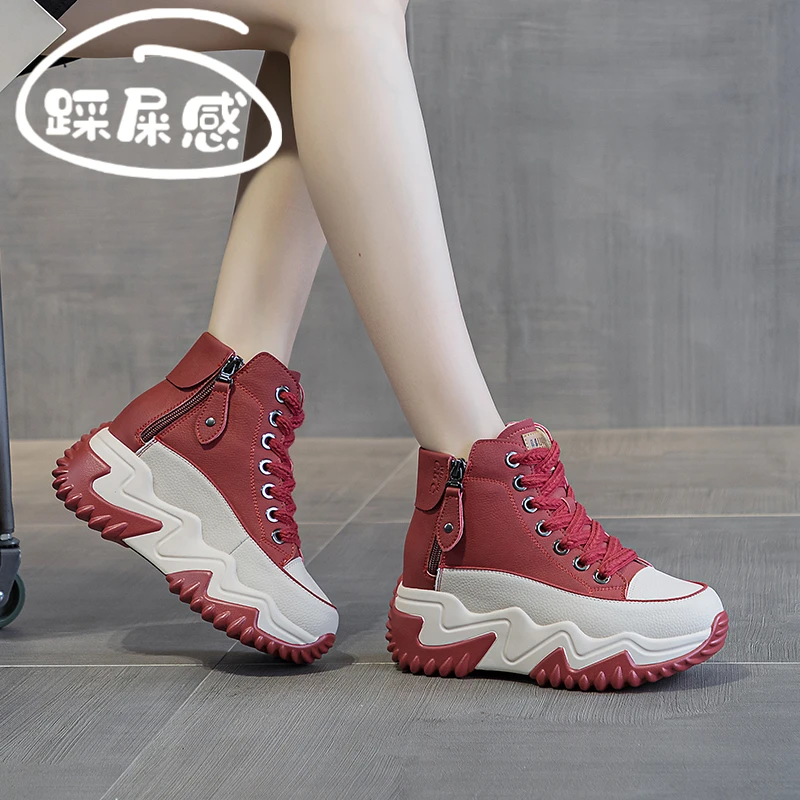 万达撤柜头层牛皮增高厚底高帮老爹鞋2025秋季加绒小白鞋运动女鞋