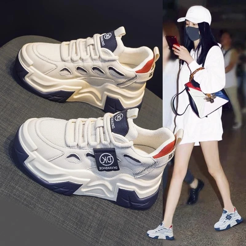 头层牛皮香港厚底轻便运动老爹鞋女显脚小2025新款秋冬季内增高鞋