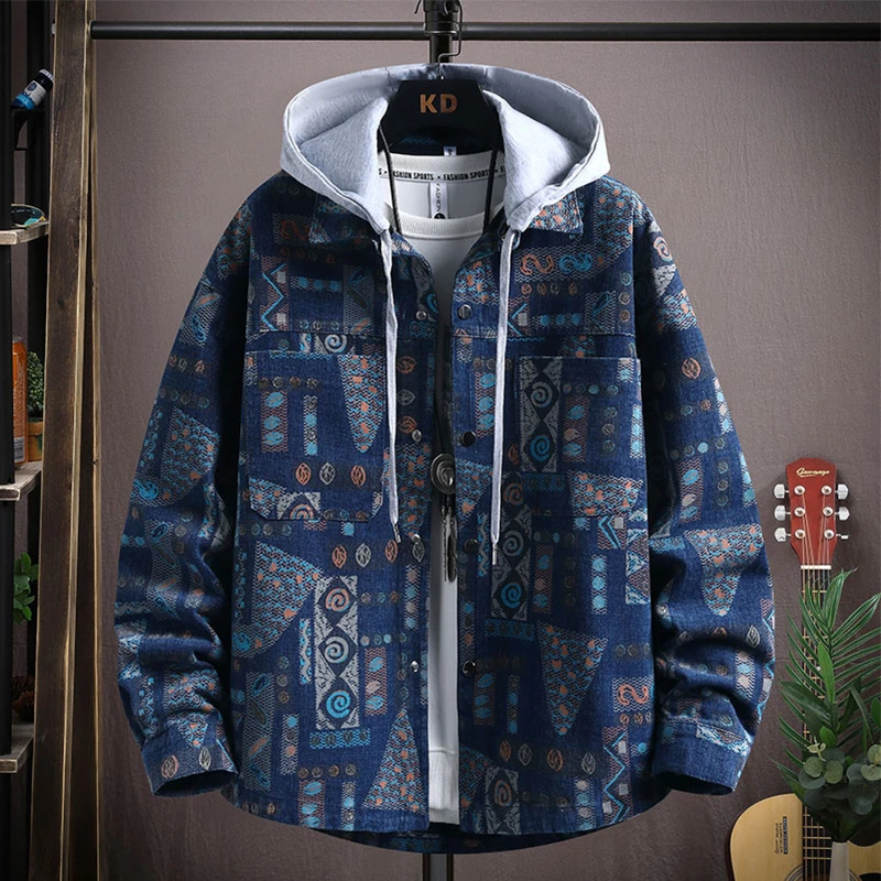 DIANRUO/殿若假两件连帽外套男秋冬美式复古印花夹克潮青少年上衣