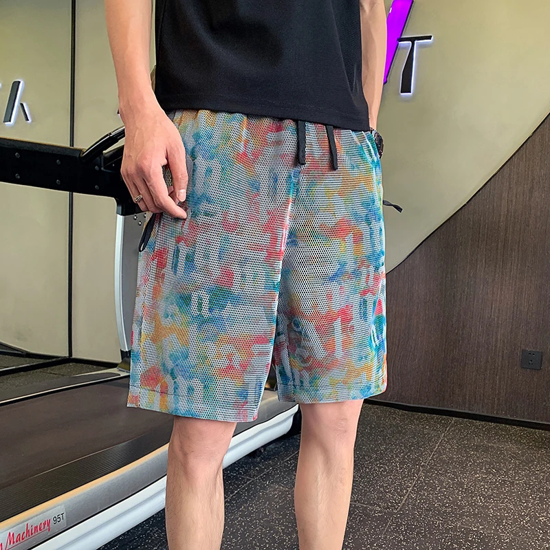 DIANRUO/殿若梵文涂鸦花裤子夏天男短裤冰丝五分裤外穿潮牌运动裤