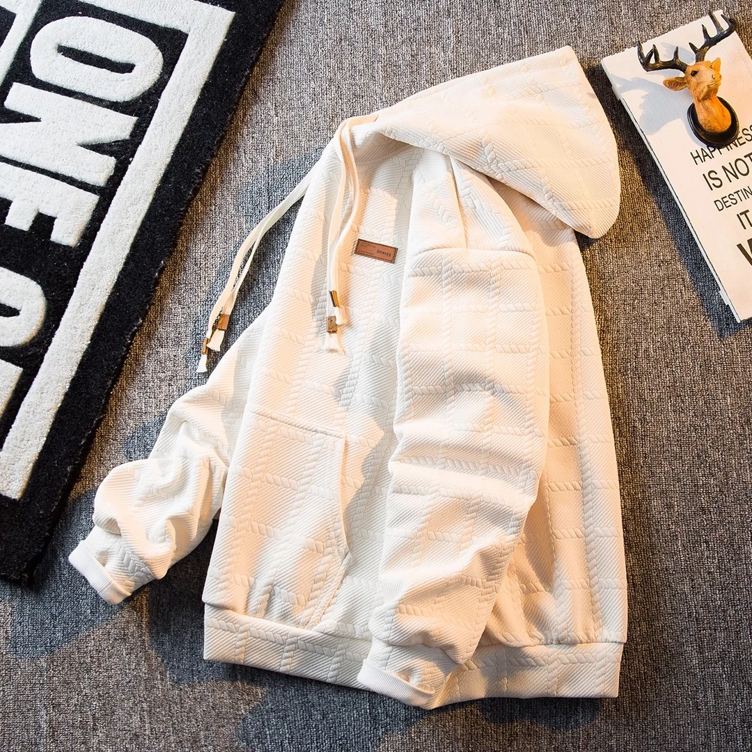 DIANRUO/殿若复古华夫格卫衣男春秋季宽松痞帅潮牌高级感连帽外套