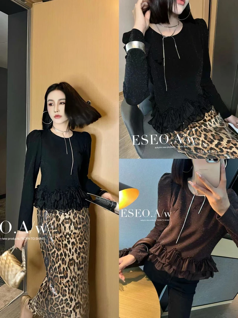 淑雅阁服饰  甜美气质时尚拼接木耳边洋气减龄别致小衫3140