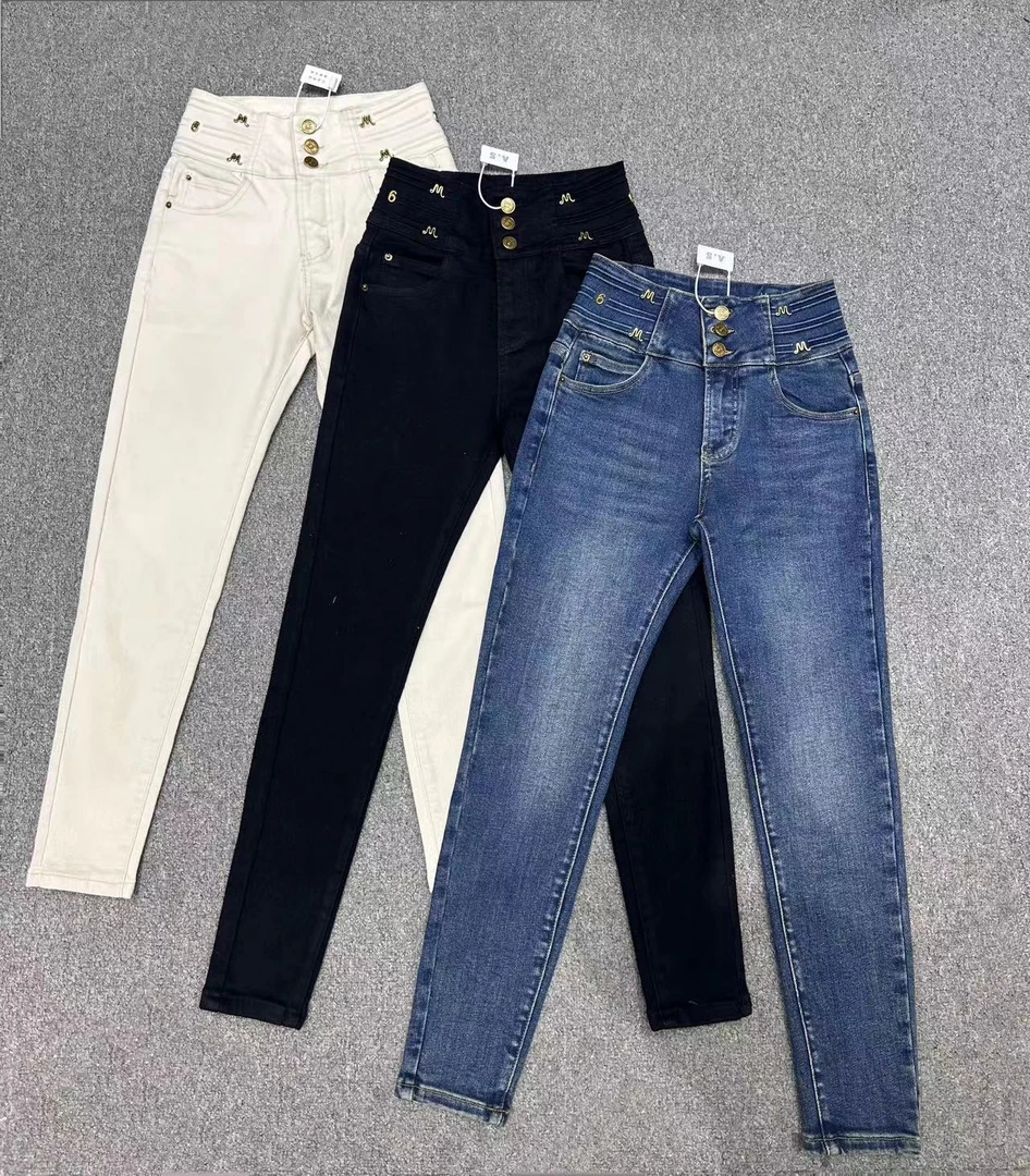 淑雅阁服饰  高腰排扣弹力显瘦小脚九分牛仔裤9034