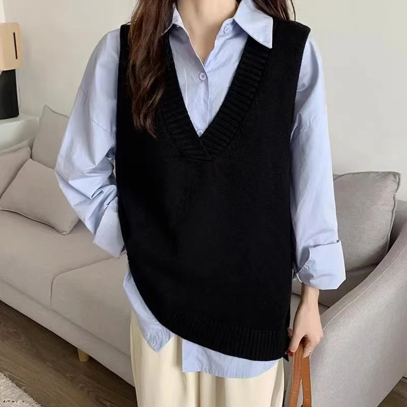中长款背心马甲针织衫V领毛衣纯色百搭时尚春秋学院风
