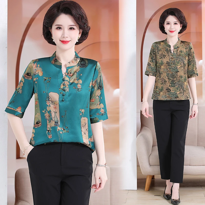 2025新款高档T恤V领夏季中老年大码上衣女装阔太太妈妈装上衣中袖