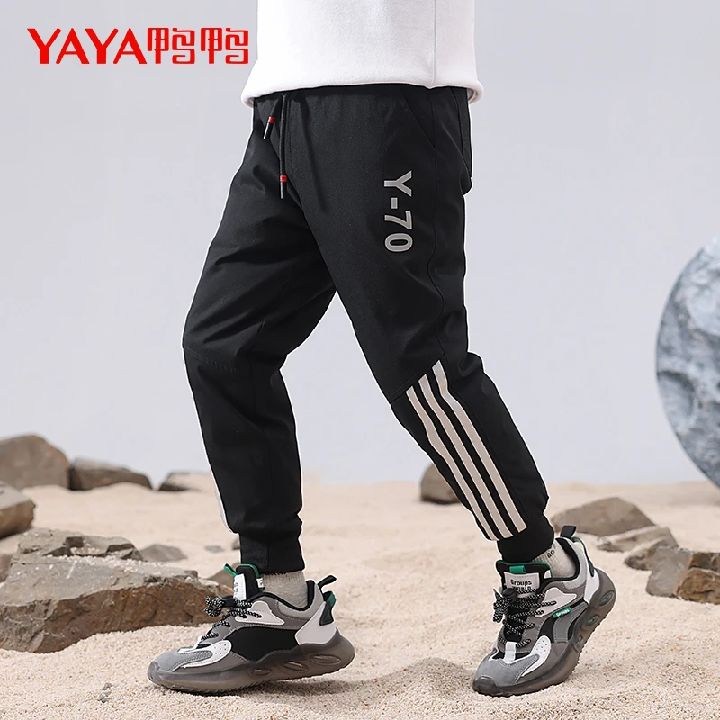 鸭鸭儿童羽绒裤男童外穿工装条纹加厚保暖中大童拼接撞色羽绒棉裤