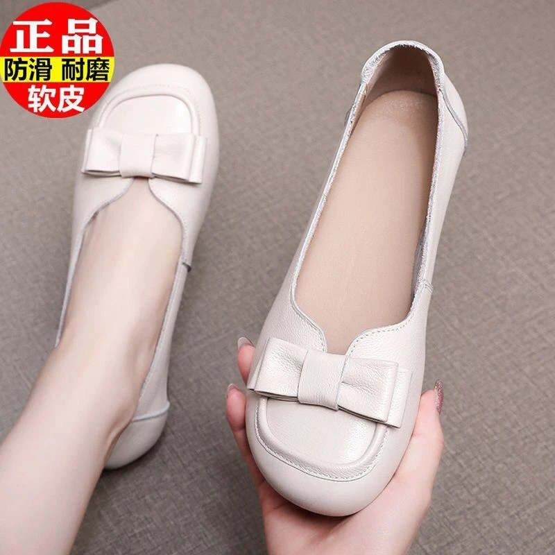 品牌豆豆鞋女软皮圆头妈妈鞋春秋季一脚蹬防滑牛筋底平底浅口单鞋