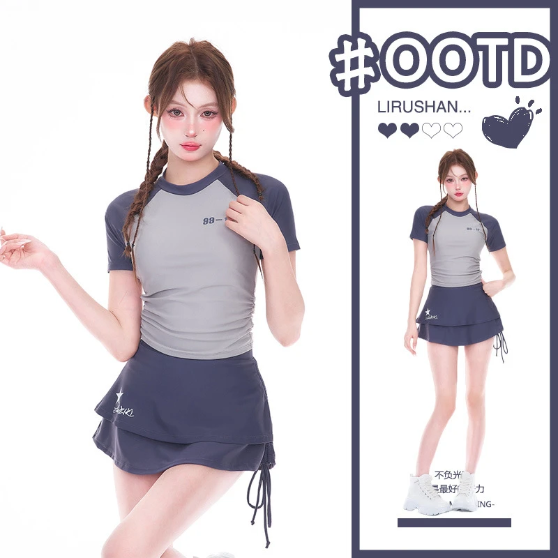 分体纯欲泳衣女三件套学生运动少女高级感女孩游泳衣保守高腰温泉