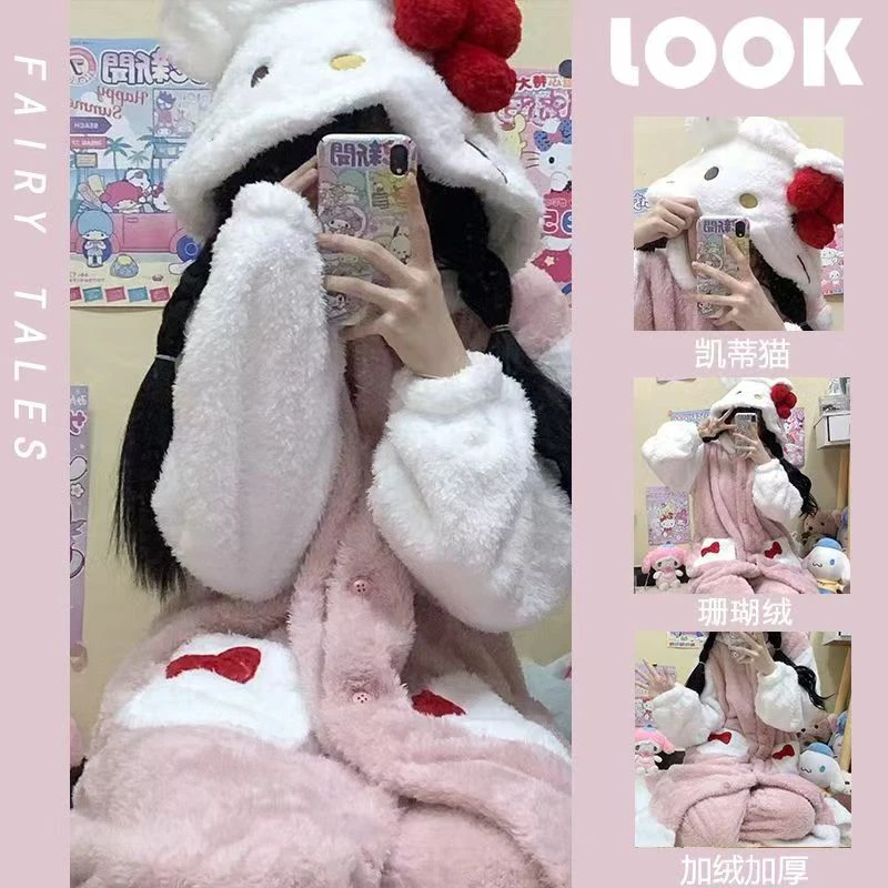 hellokitty睡衣女秋冬季珊瑚绒加绒加厚可外穿凯蒂猫睡袍长款可爱