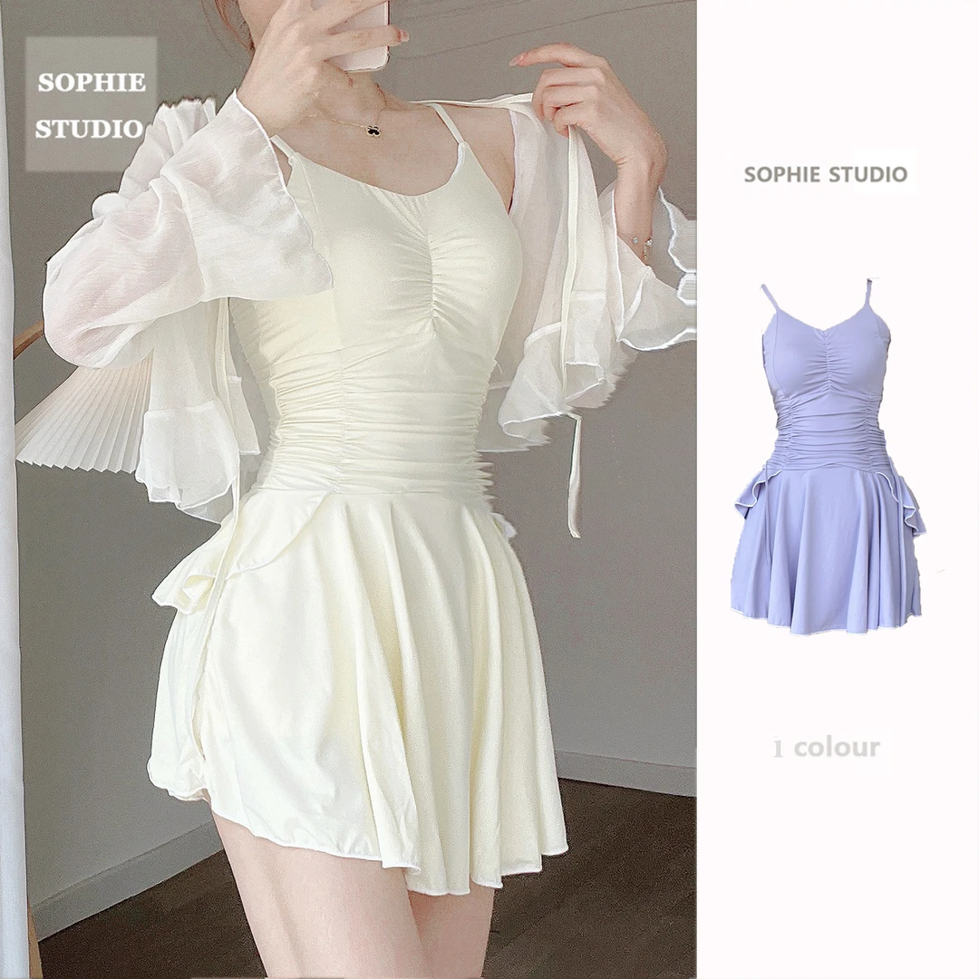 涤亚高档保守舒适连体运动花瓣裙法式优雅游泳衣温泉度假专业批发