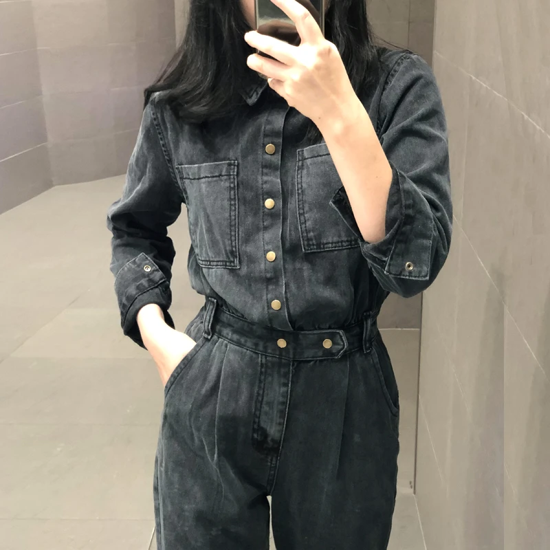 现货  牛仔连衣裤女连体小个子工装收腰显瘦连身裤