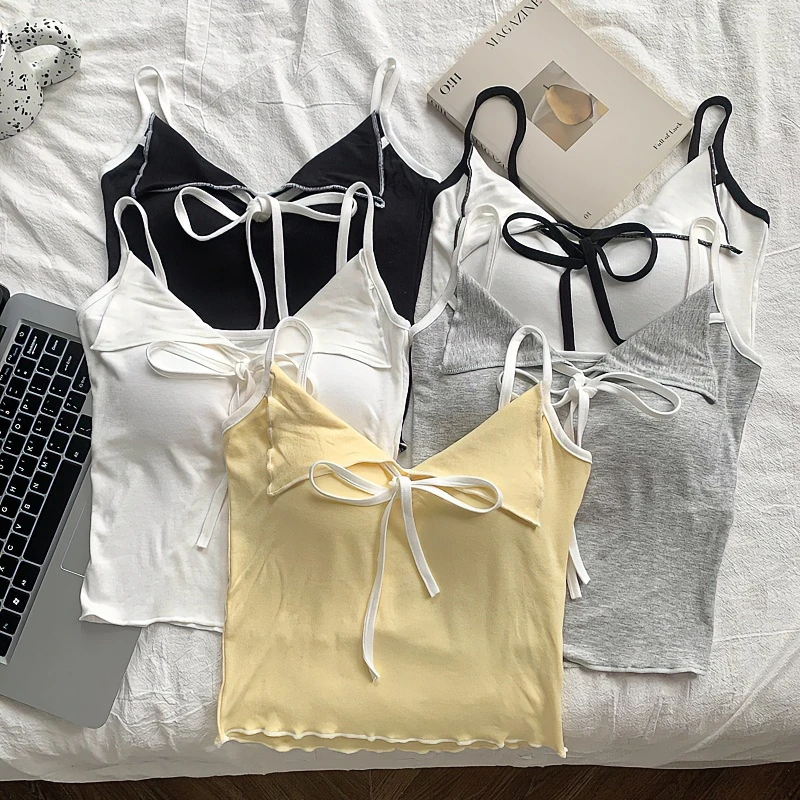 纯欲甜辣拼色蝴蝶结小吊带女夏日新品木耳边修身短款背心打底衫女