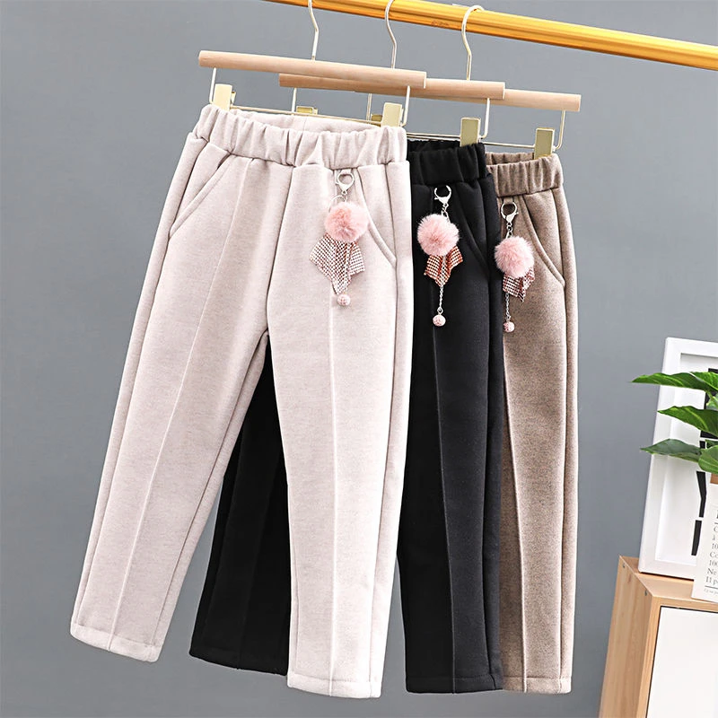 女童裤子春秋冬中大童洋气韩版一体绒洋气儿童休闲加绒加厚毛呢裤