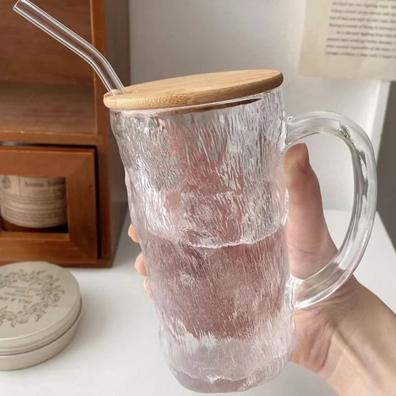 杯子ins高颜值水杯女 带吸管带盖冰川纹玻璃杯家用喝水泡茶咖啡杯