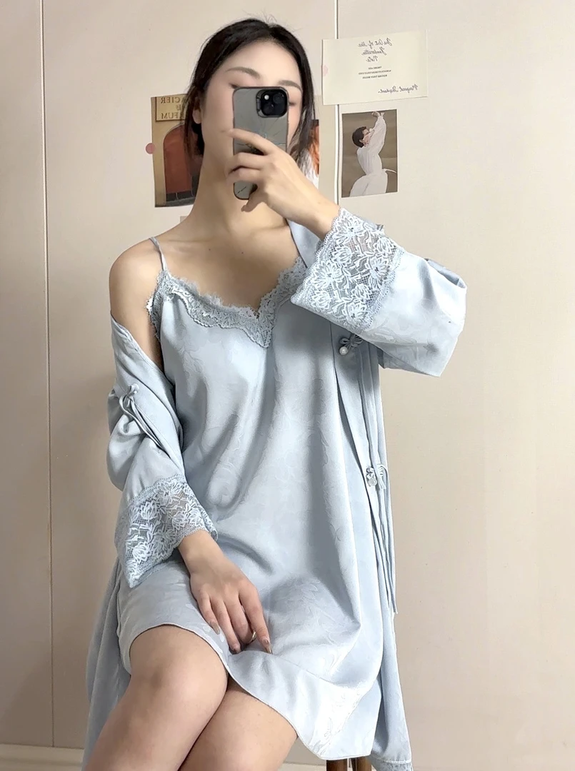 国风性感睡衣女蕾丝秋季冰丝薄款带胸垫吊带长款睡裙两件套晨袍