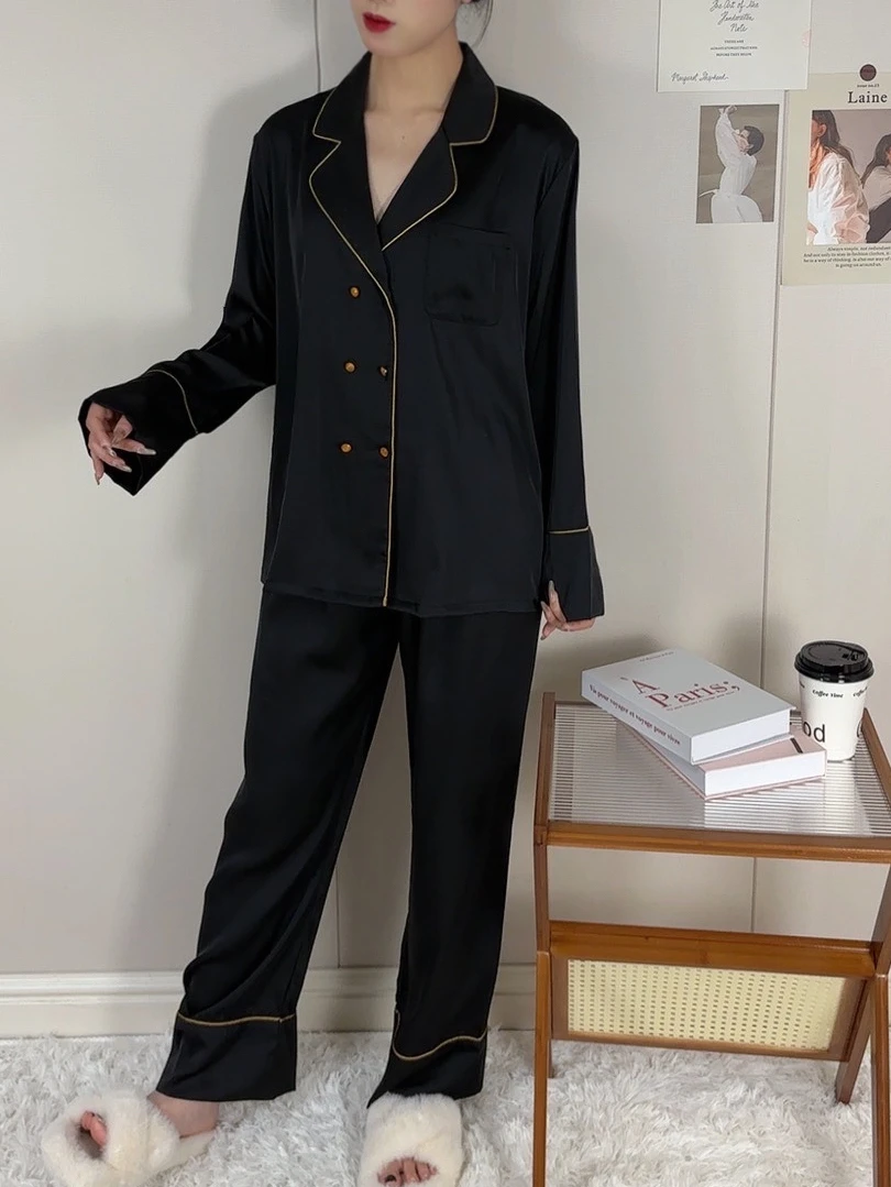 冰丝秋季2024新款家居服睡衣长袖套装高级感黑色气质套装