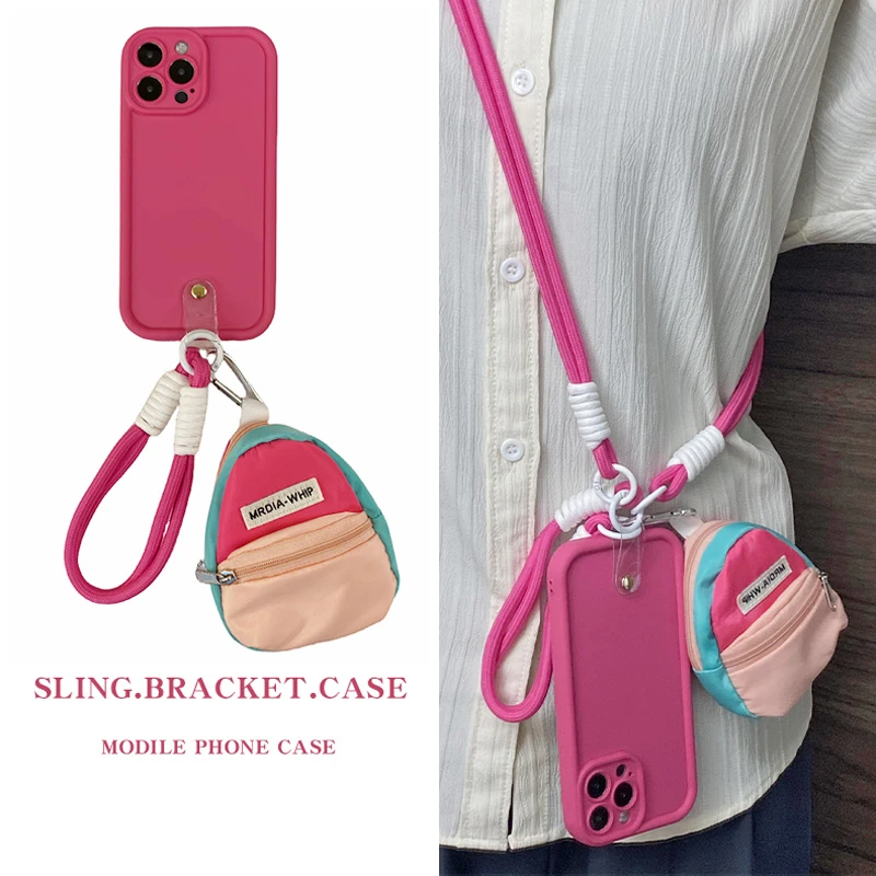 适用【苹果/华为/vivo/oppo/小米】火龙果玫红书包手拎斜挎绳手机壳