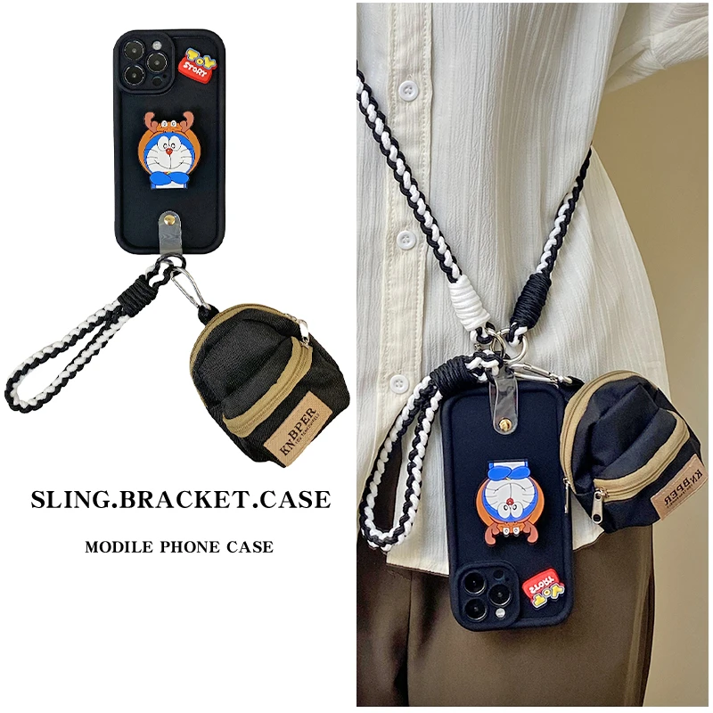 适用【苹果/华为/vivo/oppo/小米】龙头叮当小书包手拎斜挎绳手机壳