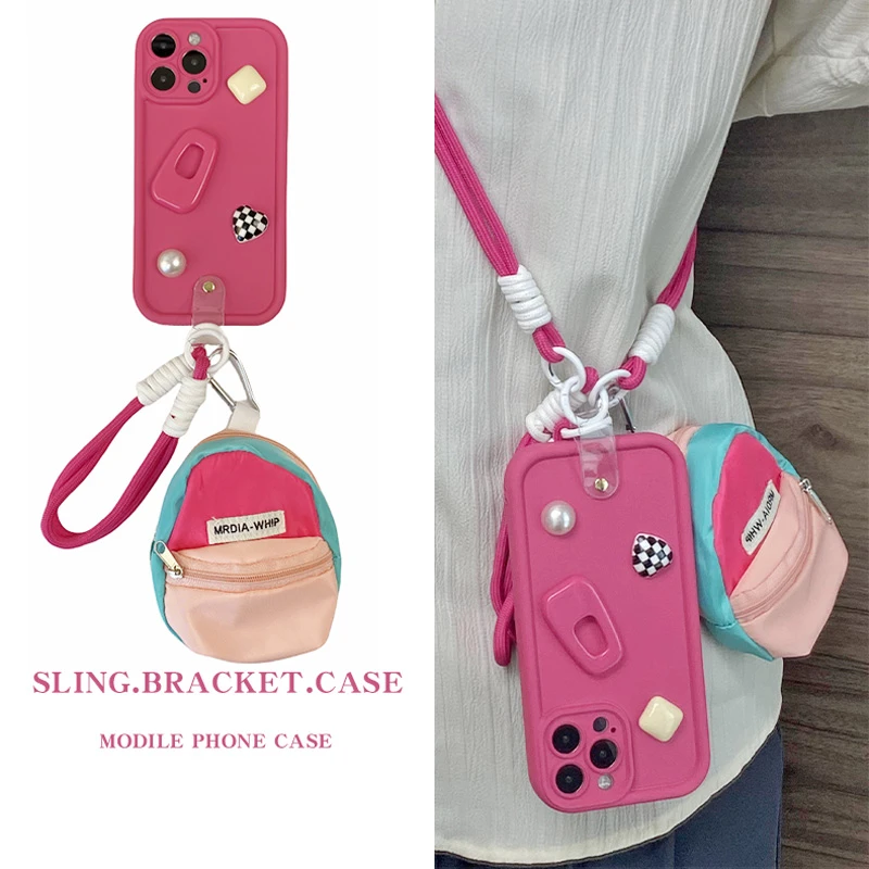 适用【苹果/华为/vivo/oppo/小米】爱心格子支架书包手斜挎绳手机壳