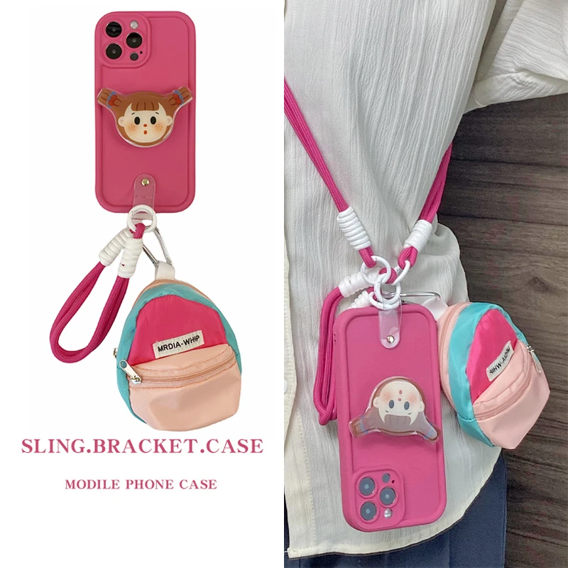 适用【苹果/华为/vivo/oppo/小米】扎辫女孩支架书包手斜挎绳手机壳