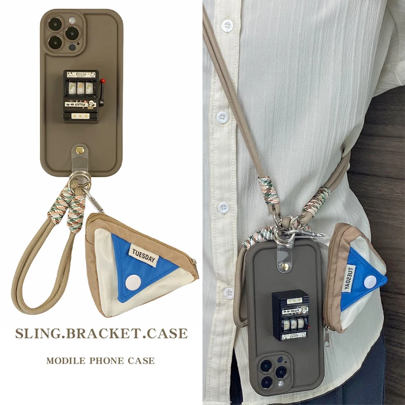 适用【苹果/华为/vivo/oppo/小米】咖色熊猫摇摇书包手斜挎绳手机壳