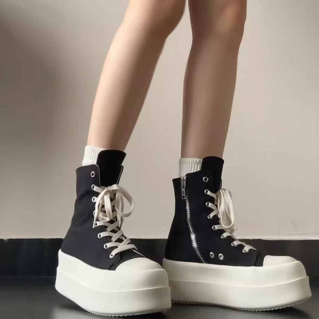 厚底增高帮鞋女潮酷夏季2024新款小众真皮系带松糕板鞋配裙子短靴