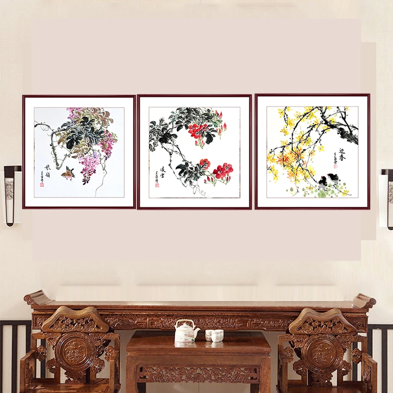 国画花鸟画三联画客厅挂画纯手绘中式装饰画壁画沙发背景墙画