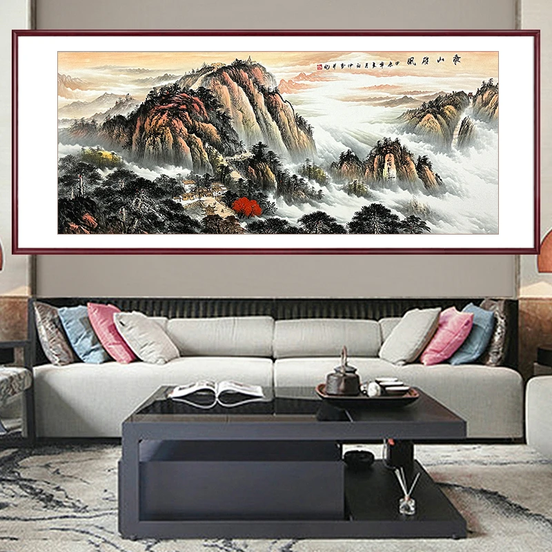 国画山水画客厅国画纯手绘中式装饰画沙发背景墙画靠山图泰山雄风