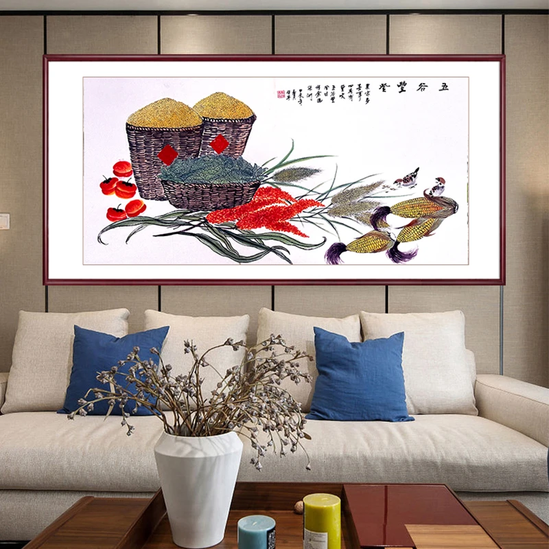 国画花鸟画柿子图事事如意客厅挂画水墨画带框中式挂画五谷丰登