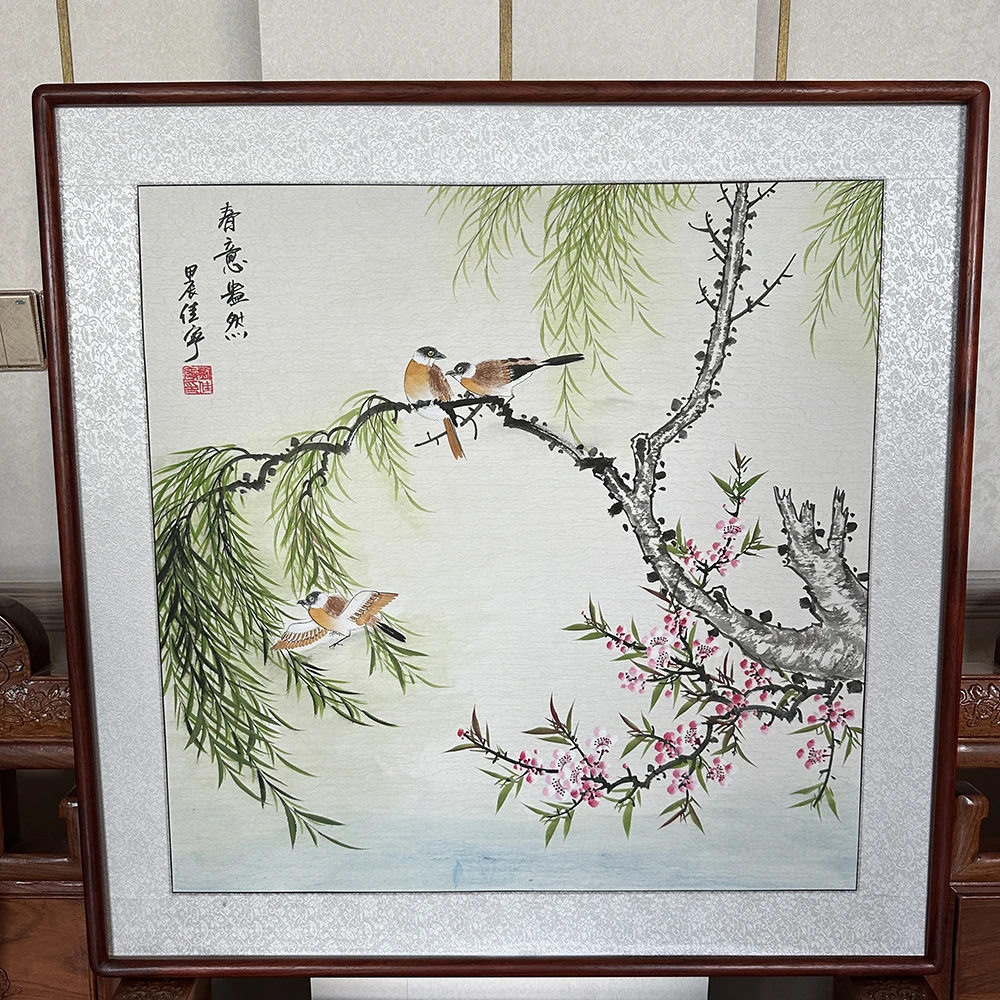 纯手绘水墨花鸟画83x83厘米红花梨圆角框宣纸画心国画春意盎然