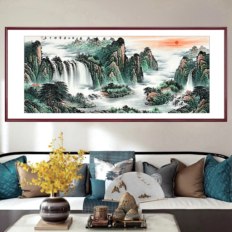 纯手绘山水画办公室挂画旭日东升水墨画带框画绘画上门安装