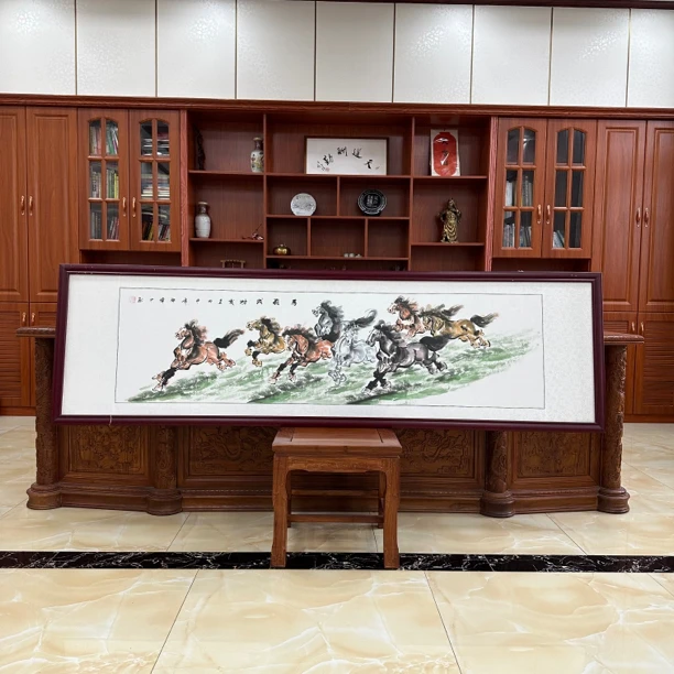 国画花鸟画水墨马客厅办公室挂画马到成功纯手绘实木框65x225厘米