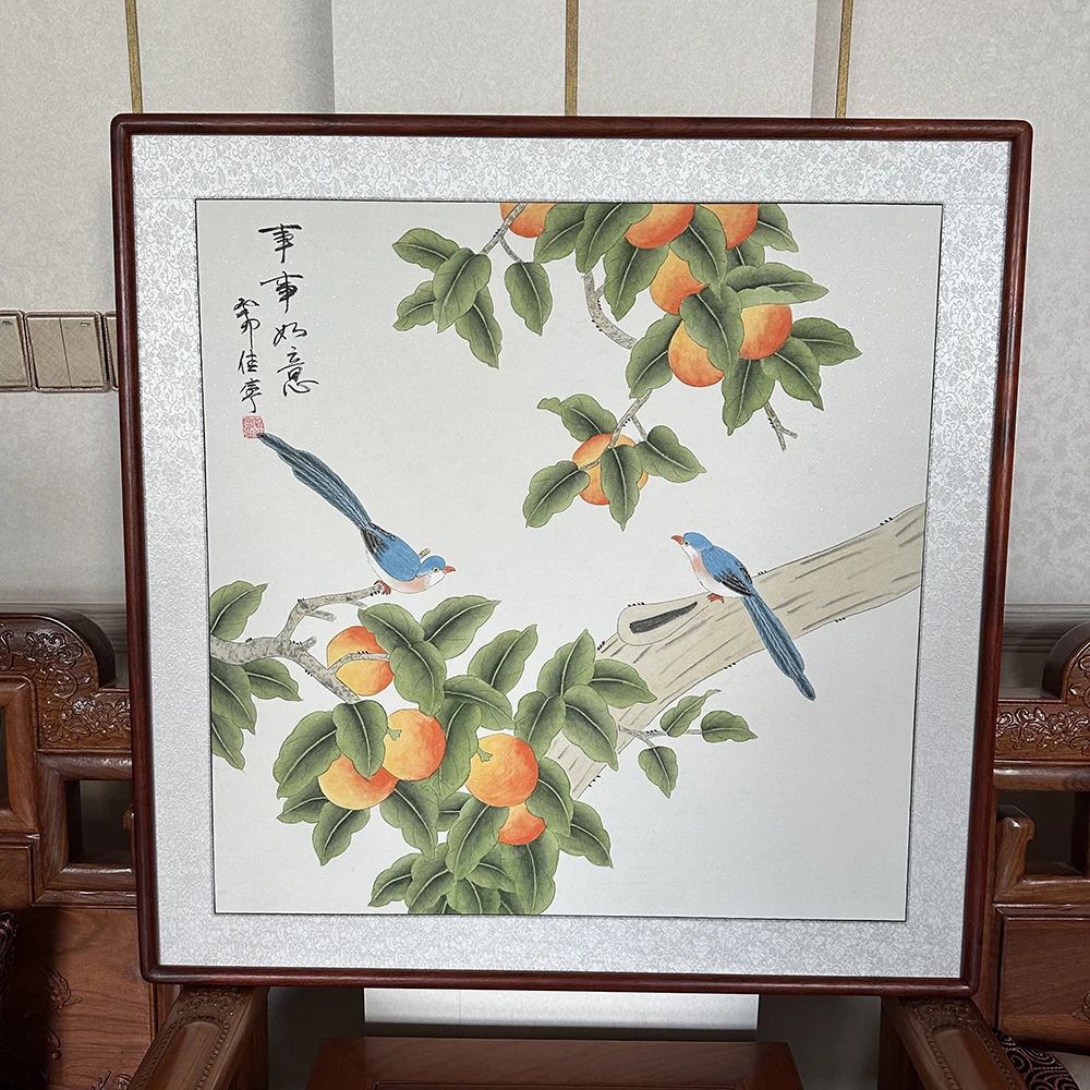 纯手绘水墨花鸟画工笔画83x83厘米红花梨圆角框工笔柿子