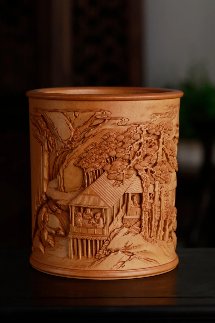 徽派《栖霞仙馆》笔筒手工多层浮雕雕刻黄杨木文房文玩