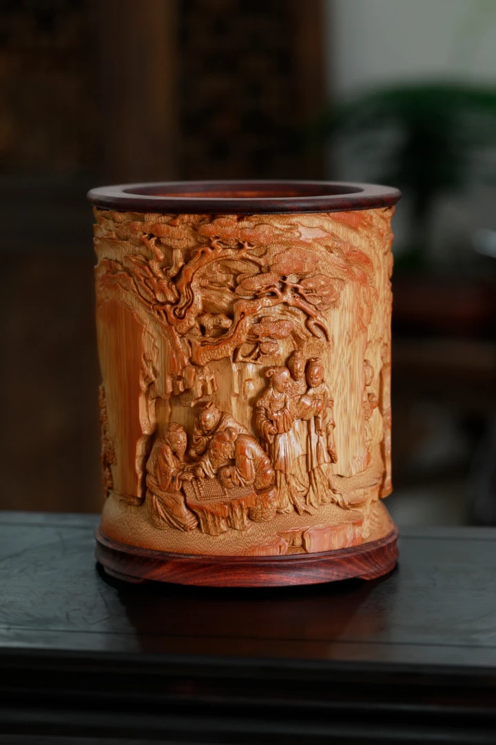 徽派东山报捷故事竹刻笔筒手工雕刻文房文玩摆件