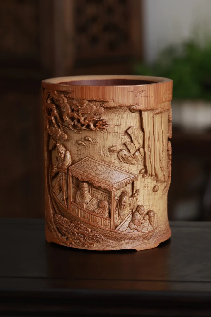 徽派竹刻赤壁观景竹雕笔筒竹刻竹制摆件书房文玩非遗手工