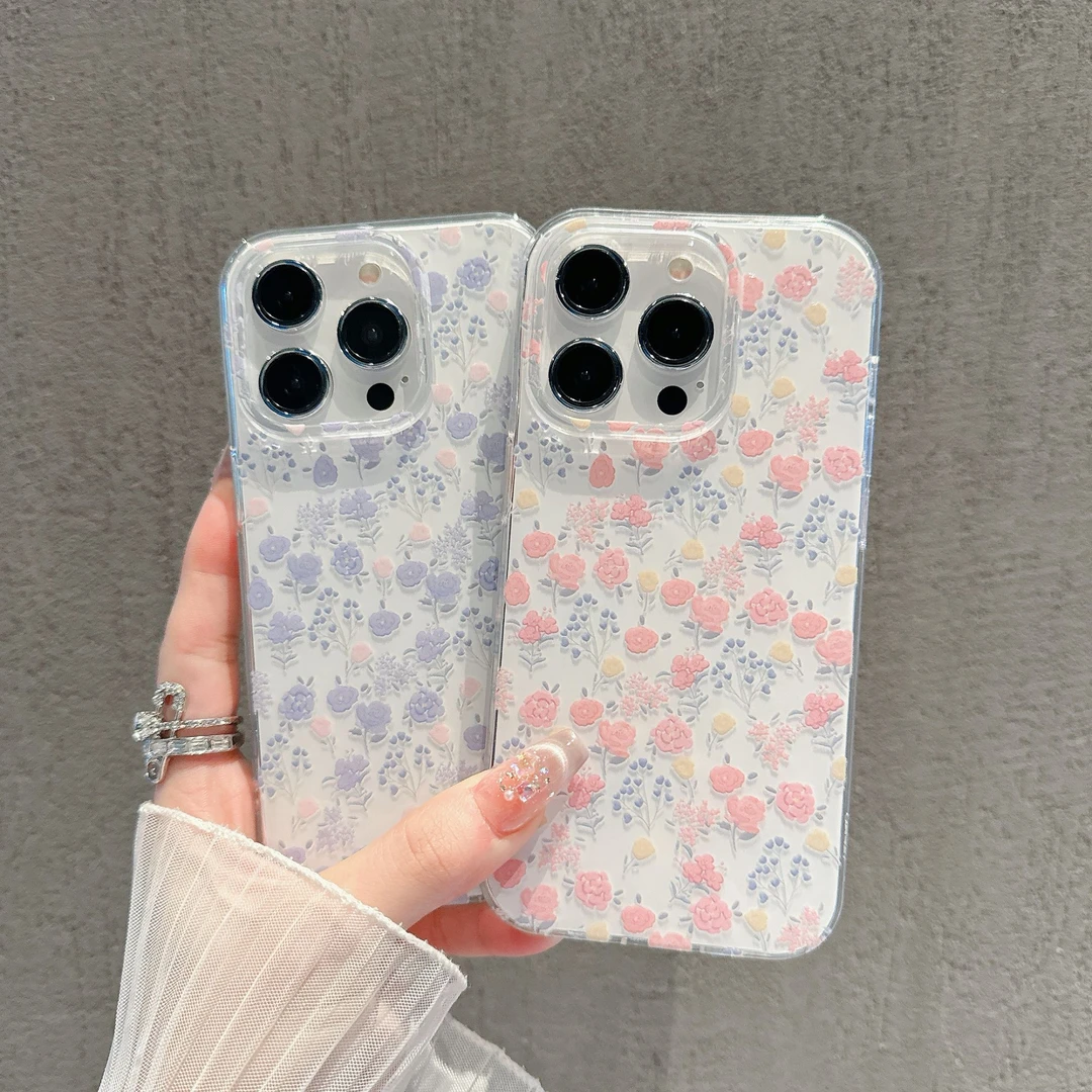 粉紫碎花适用苹果16手机壳iPhone15pro 13 12 11 xsmax xr保护套