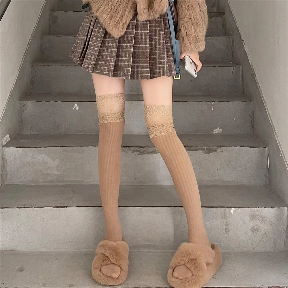 美拉德咖色保暖过膝袜长筒袜蕾丝花边显瘦堆堆袜女士小腿学生爆款