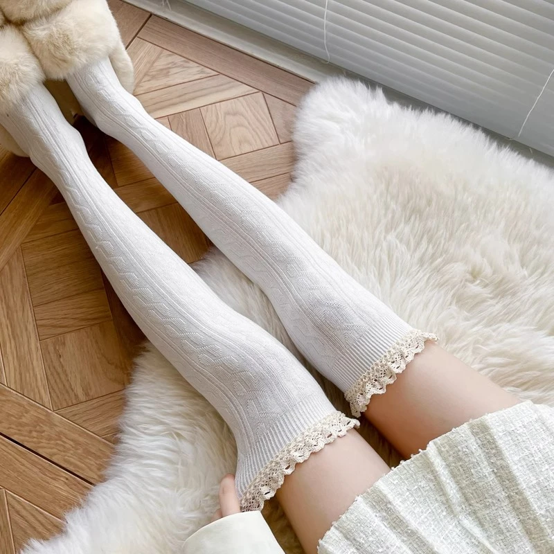 秋冬花边灰色加厚蕾丝时尚高筒袜日系过膝袜长筒袜女初春大腿袜子