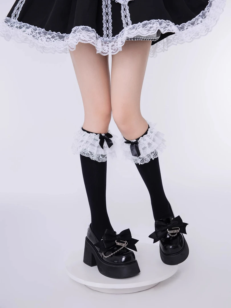 日系洛丽塔黑色jk软妹甜美蕾丝风蝴蝶结中筒袜小腿袜子女春夏薄款