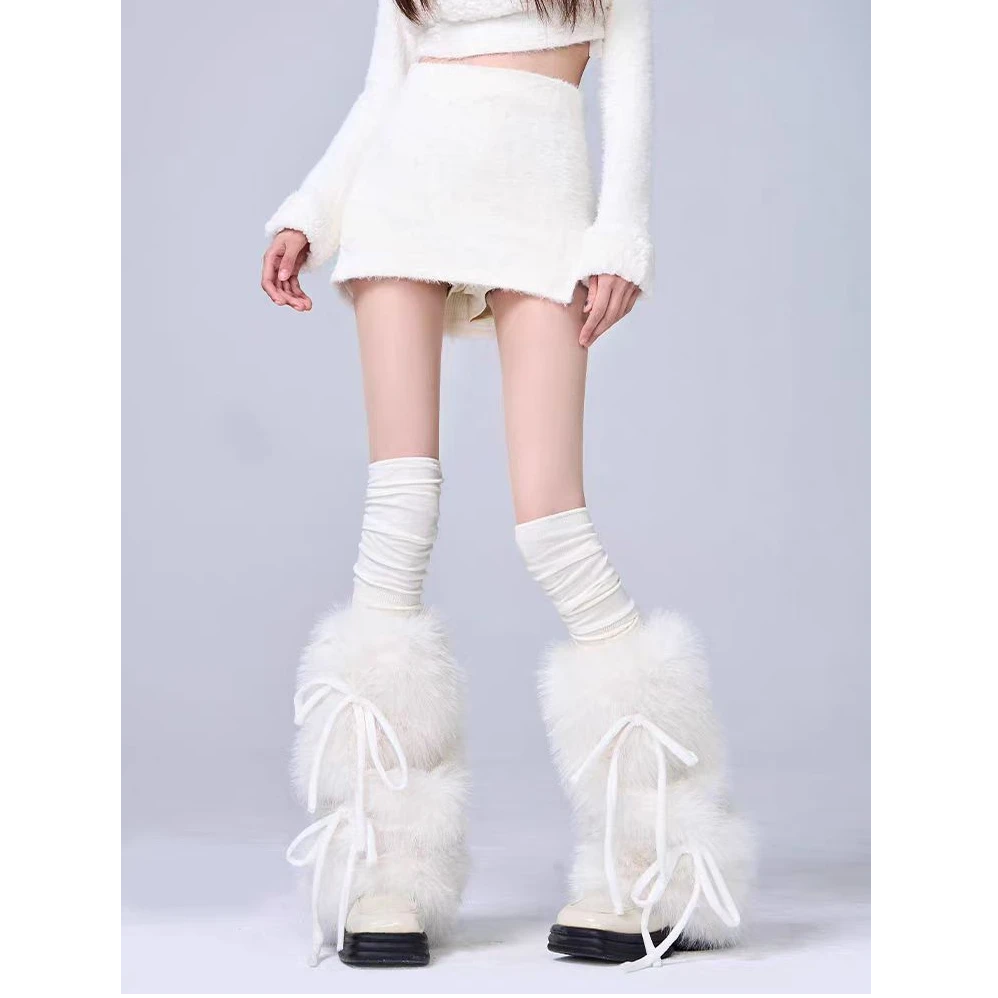 原宿风秋冬加厚绑带毛毛腿套中筒袜辣妹个性袜套白色袜子女秋冬