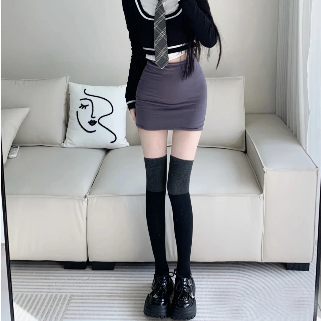 简约百搭黑灰拼接jk长筒袜过膝袜显瘦堆堆袜运动袜子女款2023爆款