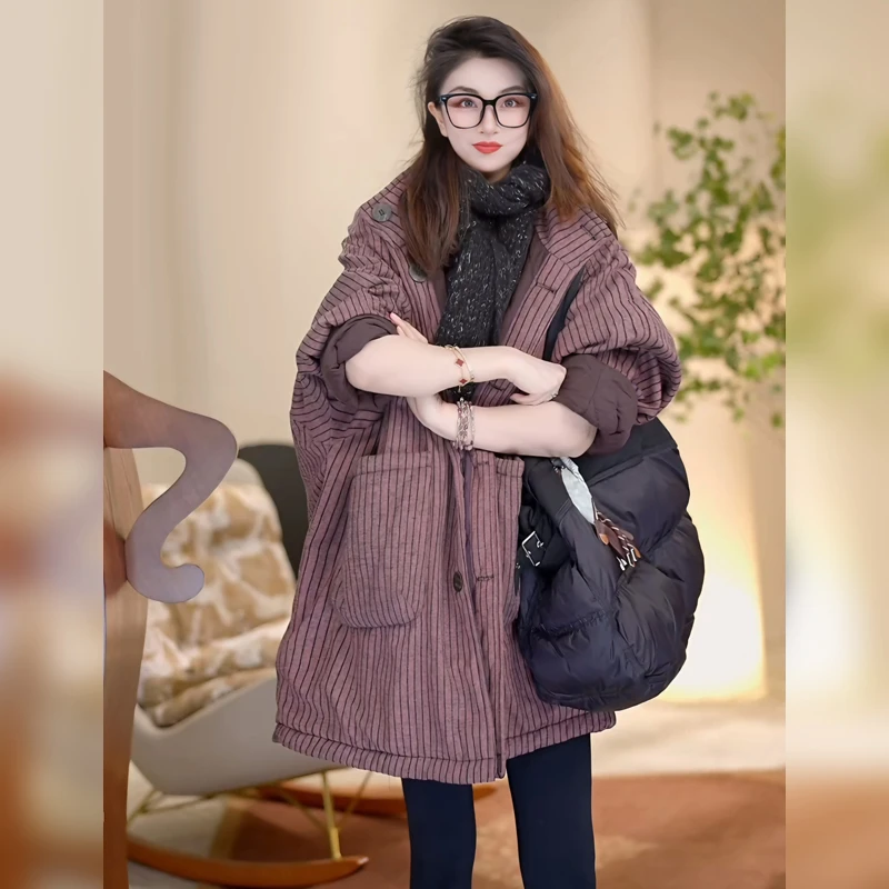 Linda姐高端线【暖冬必入】秋冬新款气质竖条纹棉服外套AW4WDW0392