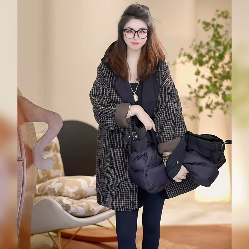 【Linda姐高端线】秋冬新款时尚气质休闲连帽格子外套AW4WDW0309