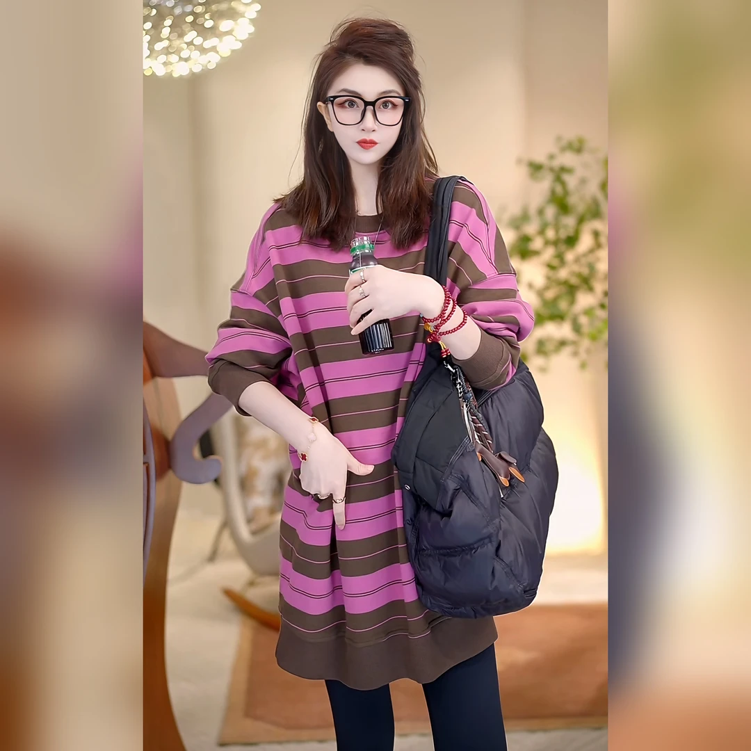 Linda姐高端线【米兰条纹】秋冬轻奢高档气质长袖卫衣AW4SWY0390