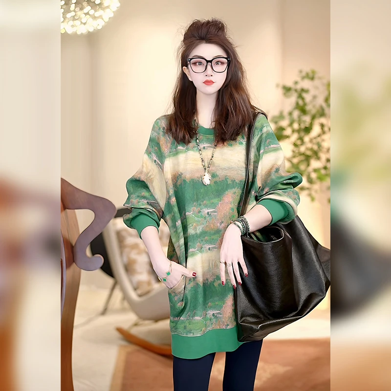 Linda姐高端线【森野奶绿】秋冬慵懒风气质风景油画卫衣AW4SWY0477