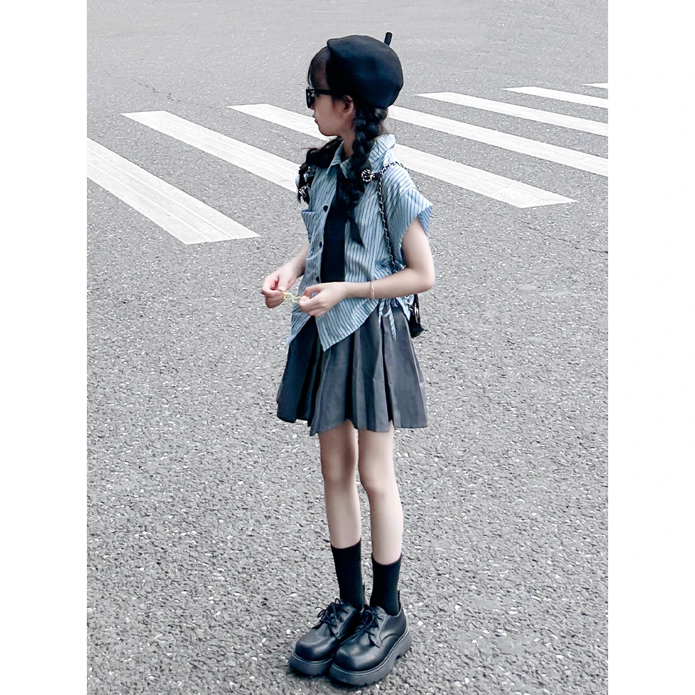 又酷又飒的女童装夏季2025新款儿童学院风jk百褶裙女大童夏装套装