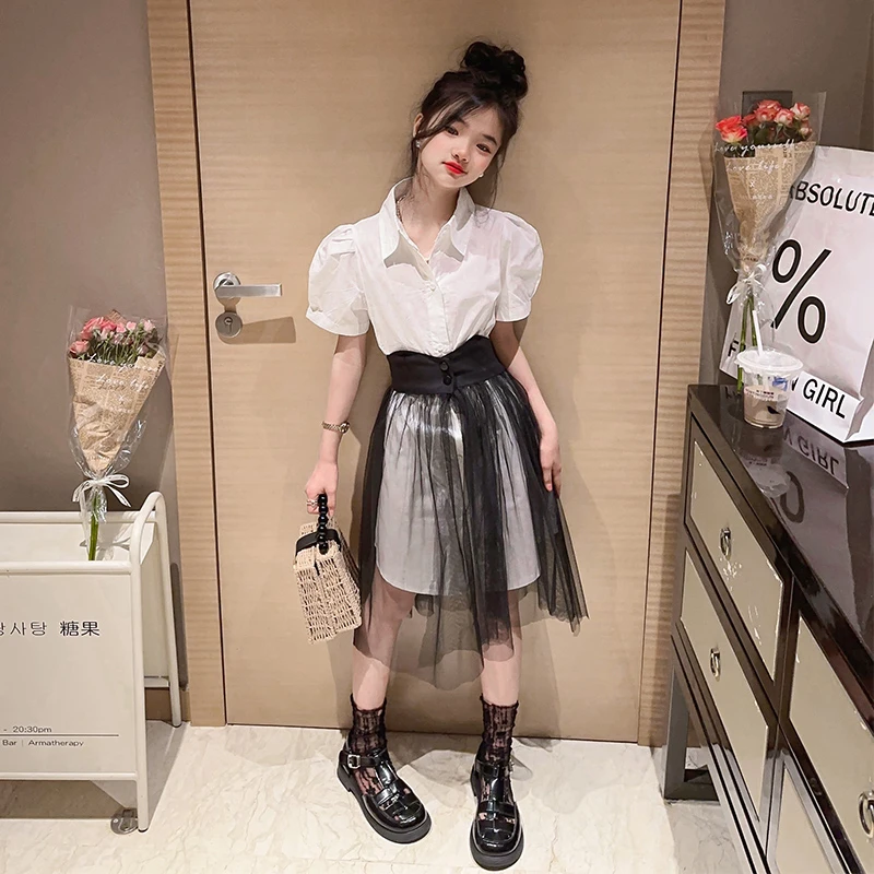 女童夏季套装裙子洋气时髦衬衫纱裙中大J童装潮款网红夏装休闲裙