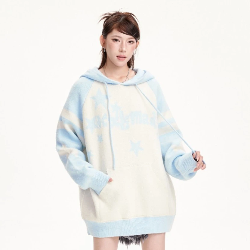 【清清】NCXK撞色连帽针织衫毛衣女春秋学院风慵懒软糯帽衫MY043