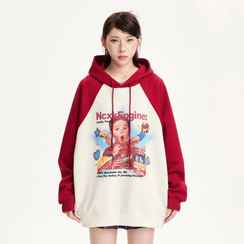 NCXK-春秋美式撞色插肩袖连帽卫衣学院风开衫小众情侣上衣现SS066